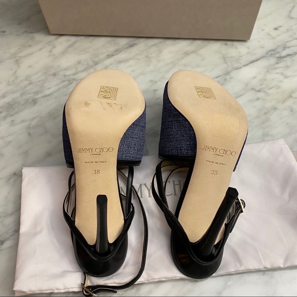 New JIMMY CHOO Flora Leather-trimmed Denim Sandals - Picture 6 of 8